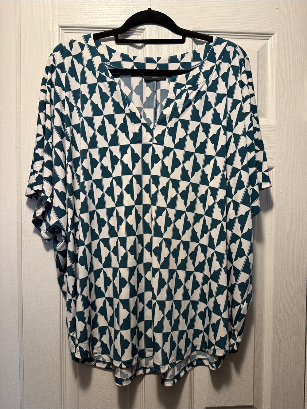 Lane Bryant Teal and White Geometric V-Neck Blouse